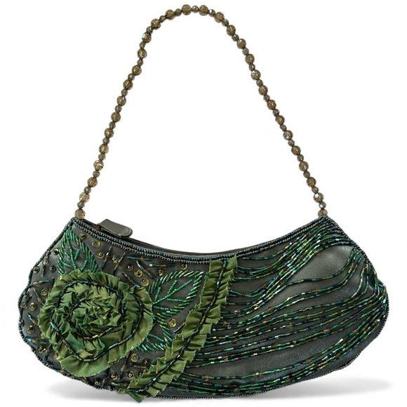 Mariell Handbags - Mariell Green Embroidered Beaded Ribbon Holiday Small Bag w/Bead handle 10”x4”